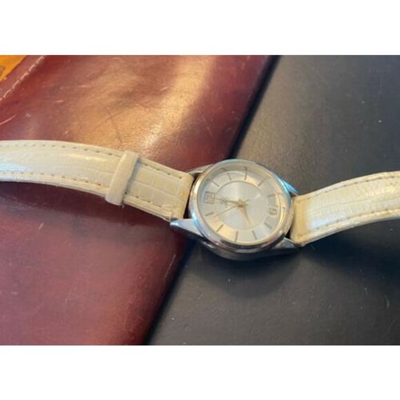 Women's 30mm Silver Tone JS Watch, MOP Face, White Band - Picture 3 of 3